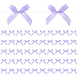 M METERXITY 50-Pack Satin Ribbon Twist Tie Bows, 2.4x2.8 Inch Bow Twist Ties, Satin Ribbon Bows for Craft DIY/Baked Goods/Hair Bow Sewing/Wedding/Birthday/Party [Light Purple]