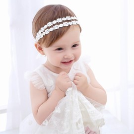 Baby Girl Headbands, White, Stretchy Headband, Double Lace, Bowknot Hairband, Soft Baby Hairband, Nylon, Newborn Hair Accessories, Baby Gifts for Newborns (White-B, Adjustable)