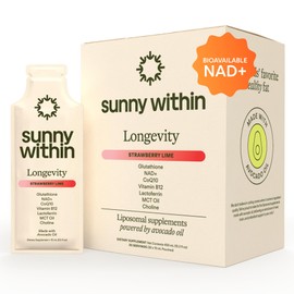 Sunny Within - Liposomal Glutathione Supplement NAD+ Longevity Mix w/Liquid NAD+, CoQ10, B12, MCT & Avocado Oil – Cellular Health, Energy, Brain, Gut & Heart Support* – Strawberry Lime – 30 Pouches