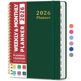 2026 Planner, Weekly and Monthly Planner, January 2026 - December 2026, Hardcover 2026 Calendar Planner Book with Tabs For Women & Men, Inner Pocket, Spiral Bound, Perfect for Office Home School Supplies - A5 (6.3" x 8.5"), Dark Green