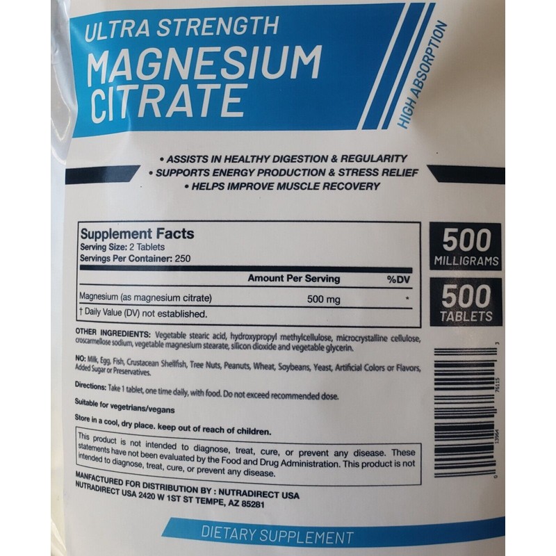 NutraDirect Magnesium Citrate 500mg - 500 Tablets EXP: APRIL 2026