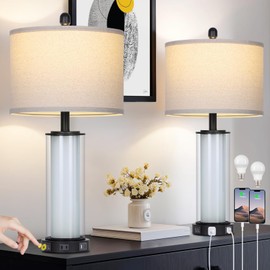 26" Black Glass Table Lamps Set of 2, Modern Bedroom Lamps with Built-in Frosted Glass Night Light , Tall Living Room Lamp with USB C+A Ports & Outlet, Bedside Lamp for Nightstand Side End Decoration