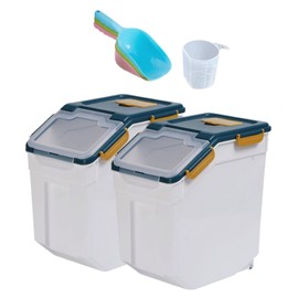 Large Flour Storage Container 25 lb, Airtight Rice Storage Bin Pantry and Kitchen Food Organization Barrel Measuring Cup for Flour, Sugar, Cereal (2 Pack - Blue)