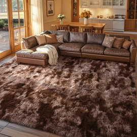 9x12 Area Rugs for Living Room Brown Fluffy Fur Bedroom Rug,1.7'' Thick Rustic Plush Non-Slip Dark Carpet for Book Room Office,Coffee Stain Resistant