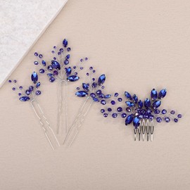 Teyglen Bride Wedding Hair Comb with Hair Pins Set Shiny Rhinestone Headpiece Bridal Crystal Side Comb Piece Decorative Hair Jewelry Accessories for Women Bridal Party Prom(Blue)