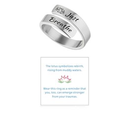 akowemge Lotus Just Breathe Ring for Women，Summer Stainless Steel Adjustable Engraved Hope Encourage Ring Jewelry (silvery)