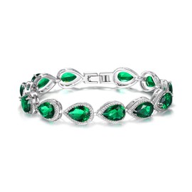 EVER FAITH Prong Cubic Zirconia Wedding Tennis Bracelets for Women, Teardrop May Birthstone Bracelet Emerald Color Silver-Tone