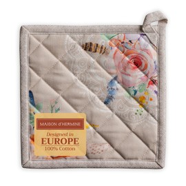 Maison d'Hermine Pot Holders 100% Cotton Heat Resistant Potholders 8" x 8" Hot Pads with Loop BBQ, Cooking, Baking, Grilling, Kitchen, Handling Hot Pans Spring/Summer (Pack of 1, Ibiza - Beige)