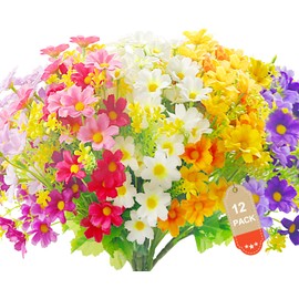 Aufind 12 Bundles Artificial Daisies Flowers Outdoor Fake Plants White Gerber Daisy Fake Foliage Greenery Faux Plants for Graves Hanging Outside Planter Window Box Wedding Decoration