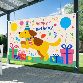 HOMETITUTE Happy Birthday Banner 71x43 Inch Cartoon Dog Party Backdrop Colorful Balloons Confetti Background for Kids Pet Lovers Birthday Decorations for Girls or Boys Gifts Decor