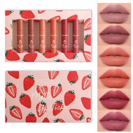 6 Farbe Matte Lippenstift Set Erdbeer Matte Lipgloss Set Wasserdichte Lippen Tint Langanhaltendes Nudetöne Flüssiger Lippenstift Set Feuchtigkeitsspendende Lipstick Lip Make-up (Set A)
