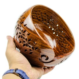 Nagina International Rosewood Crafted Wooden Yarn Storage Bowl With Carved Holes & Drills | Knitting Crochet Accessories (Large)
