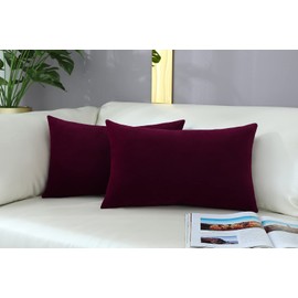 mixeoo Comfy Burgundy Red Throw Pillow Covers Decorative Lumbar Solid Rectangle Thick Velvet Super Soft Cushion Cases Home Decor for Sofa Couch Living Room Chair, Set of 2, 12 x 20 Inch