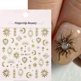 Sun Moon Nail Art Stickers Decals Bohemian Style 5D Embossed Nail Decals 2PCS Gold Bronzing Star Moon Totem Luxury Nails Design Adhesive Sticker Manicure Accessories for Women DIY Nail Art Decorations