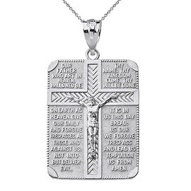 Sideways Crosses Sterling Silver Religious Lord's Prayer and Crucifix Cross Rectangular Tag Necklace, 18"