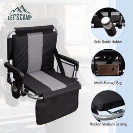 LET'S CAMP Folding Stadium Seats, 2 Pack Bleacher Chairs with Cup Holder, Mesh Bag and Hide Hooks, Portable Stadium Chair with Back and Cushion, Black Grey