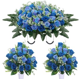 LOSFOTBO 3pcs Headstone Flowers Saddle for Tombstone,Cemetery Flower Memorial Bouquet with Vase,Rose Headstone Flowers Saddle (Blue)