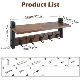 JUMRHFAN Coat Rack Shelf Wall Mounted, Wooden Coat Rack for Wall with 5 Double Metal Hooks, 44cm L Floating Shelves Key Holder for Bedroom, Bathroom, Living Room