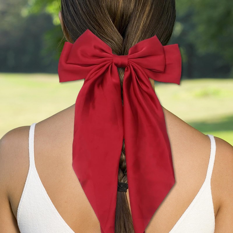 Leogony 2PCS Large Pink and Red Satin Hair Bow, Long-Tail