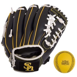 Fukuoka SoftBank Hawks x GP Baseball Gloves for Kids with Soft Balls Included for Elementary School Lower Grades, 9 Inches, Black, Right Throw 36878