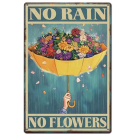 SUPERDANT Metal Sign with Umbrella and Flowers No Rain No Flowers Tin Sign Flower Signs Flowers Metal Vintage Decoration for Home Living Room Garden Man Cave Wall Art Retro Decoration
