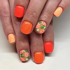 Fall Press on Nails Short Square MABKJLF False Nails Full Cover Fake Nails Glitter False Nails with Orange Flower Designs Glossy Glue on Nails Acrylic Nails Stick on Nails for Women Girls 24 Pcs