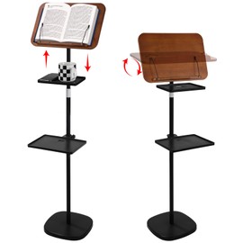 Floor Book Stand with 2 Removable Trays, Adjustable Height Wood Reading Stand for Bed or Sofa, Music Stand Book Holder for Music Sheet, Tilt and Rotate Laptop Holder, Portable Podium Stand