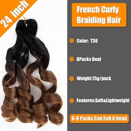 Curly Braiding Hair, 24 Inch (61 cm) Pre Stretched Bouncy Braiding Hair, Loose Wave Braiding Hair, 8 Packs, French Curly Hair, Braiding Hair With Curly Ends, French Curl Braids, Crochet Hair
