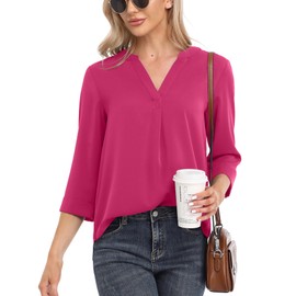 VIISHOW 3/4 Sleeve Shirts for Women Casual V Neck Chiffon Blouse Comfy Work Blouse for Women,Mauve Red,X-Large