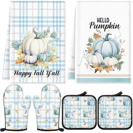Bencailor 6 Pcs Fall Pumpkin Oven Mitts and Kitchen Towel Sets Vintage Autumn Kitchen Dish Soft Absorbent Pumpkin Pot Holders for Cooking Baking Grilling Supply Thanksgiving Harvest (Blue White Plaid)