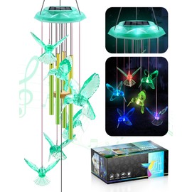 Hummingbird Solar Wind Chimes, Birthday Memorial Gifts for Women Mom, Glowing Top Color Changing Hummingbirds Moblie LED Wind Chime for Outside, Outdoor Home Party Garden Decor Light(Green)