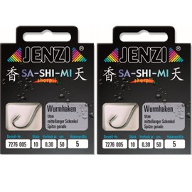 Set # 2 Packs (20 Pieces) Worm Hooks by Jenzi Ready Tied Hook Sizes 2 4 5 6 8 10 12 14 50cm + Free Petri Heil! Sticker (Hook Size 5)