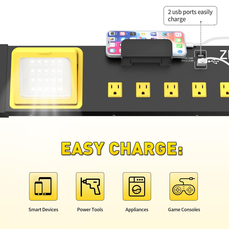 Heavy Duty Metal 10 Outlets Long Power Strip with LED