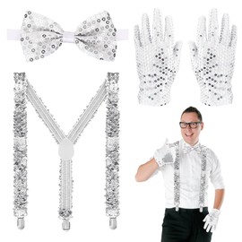 Glitter Outfit Men's Glitter Braces Men's Glitter Bow Tie Men's Glitter Gloves Disco Outfit Men's Glitter Accessories Men's Glitter Costume Sequin Costume Carnival Costumes, silver, One size fits all