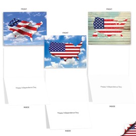 The Best Card Company 10 Assorted Independence Day Notes Boxed Set 4 x 5.12 Inch with Envelopes (10 Designs, 1 Each) Flag Maps AM9523IDG-B1x10
