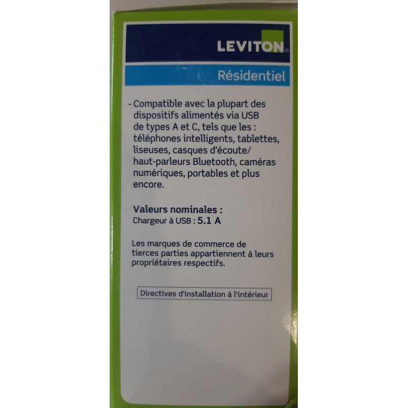 Leviton 20Amp Leviton Duplex USB Charger/Tamper Resistant Outlet Type A