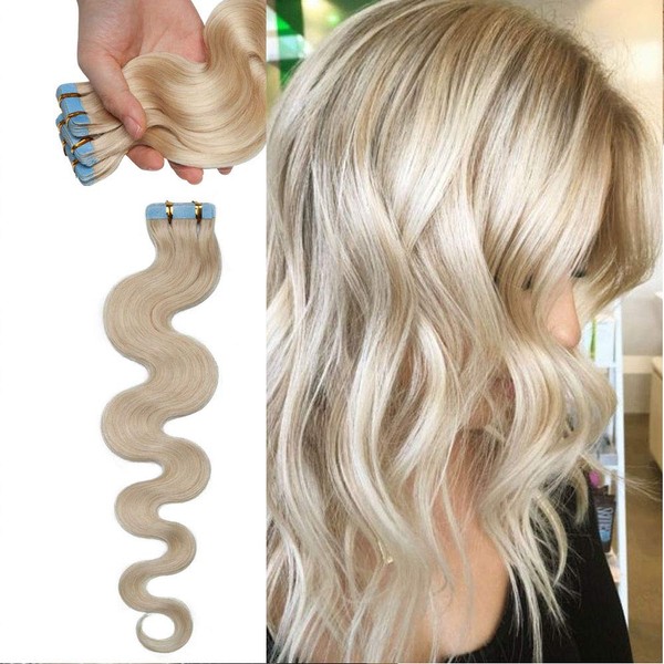 Tape in Hair Extensions Real Human Hair 40pcs 80g 100% Remy Hair Extensions of Balayage White Blonde Seamless Curly Wavy Tape in Hair Extension Double Sided of 14 inch