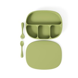 Muqee Peeko Baby Necessities Baby Feeding Essentials Set for Baby in Green Color with Baby plates with Suction and Silicone Utensil Set - (3 Piece Set)