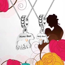 KunBead 18 inch Mama Bear Baby Bear Mothers Day Gifts Matching Rose Gold Tone Heart Love Charm Pendant Necklace set for Mom Mother Daughter