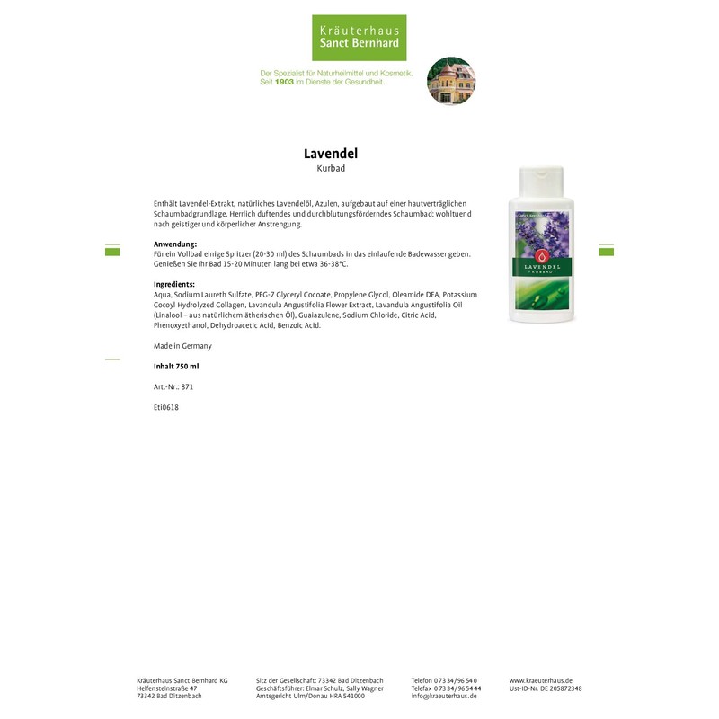 Sanct Bernhard Lavender Spa Bubble Bath with Lavender Oil, 750