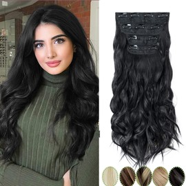 S-noilite 4PCS Clip in Hair Extension Full Head Thick Hair Pieces Synthetic Curly Wavy Balayage Hairpieces Long Hair Extensions with Highlights for Women(22 Inch,#2 Natural Black)