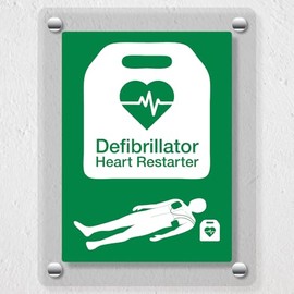 V Safety Defibrillator Heart Restarter – RESUS Council & BHF Approved - 150 x 200 mm - Acrylic Perspex Cast Clear Safety Sign