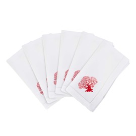 SARO LIFESTYLE Embroidered Coral Square Hemstitched Border Cotton Napkin, 20" x 20", White