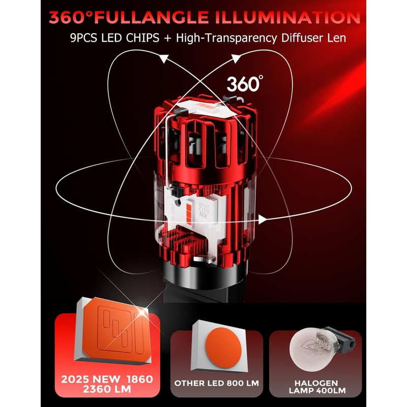 7443 W21/5W Red LED Brake Tail Light Bulbs, No Hyper