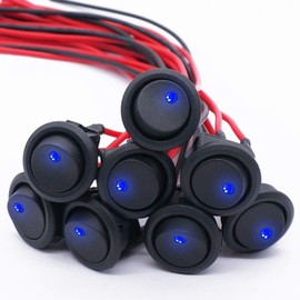 Twidec/8pcs SPST Rocker Interruptor de control para coche o barco 20A 12V DC encendido/apagado verde rojo azul amarillo (se puede elegir) luz LED con cables presoldados, Azul