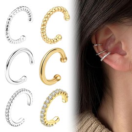 LQIOACU Set of 6 earrings, earrings without ear hole, ear cuff, ear cuff, silver gold, multicoloured