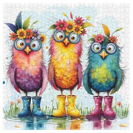 Colorful Bird Puzzles for Adults 1000 Pieces, Funny Flower Owls with Boots Jigsaw Puzzle, Whimsical Floral Owl Puzzle