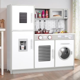 Arlopu Kids Kitchen Playset, Wooden Pretend Play Toy Set w/Realistic Design, Lights Sounds, Pots Pans Utensils for Boys Girls Ages 3+ (Gray)