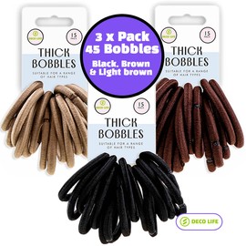 Deco Life® Thick Hair Bobbles Pack of 45 Hair Bands Black, Brown & Light Brown Snag Free Endless Elastics Hair Bobbles Ponytail Holders For Any Hair Type Hair Styling Thick Bobbles Hair Accessories