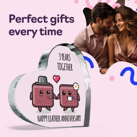 3rd Anniversary Plaque Gifts for Wife Husband - Happy Leather Anniversary - I Love You Romantic Acrylic Heart Gift For Women Men, 100mm x 100mm Present For Couples Third Wedding Anniversaries